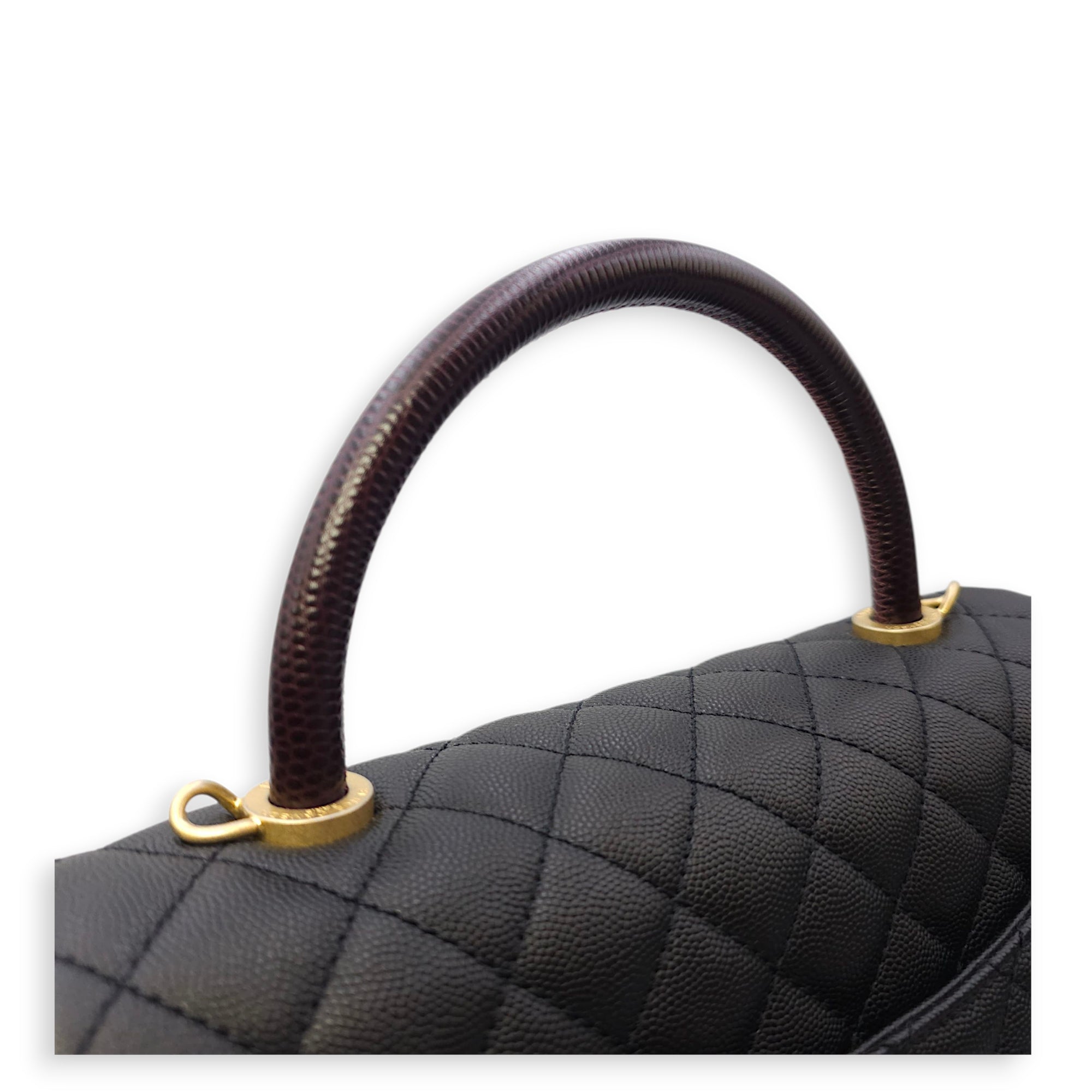 Coco Handle with Lizard Skin Large Black Shoulder Bag in Caviar Leather, Gold hardware