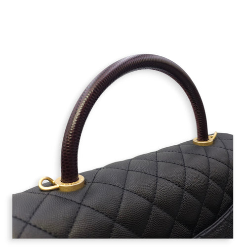 Coco Handle with Lizard Skin Large Black Shoulder Bag in Caviar Leather, Gold hardware