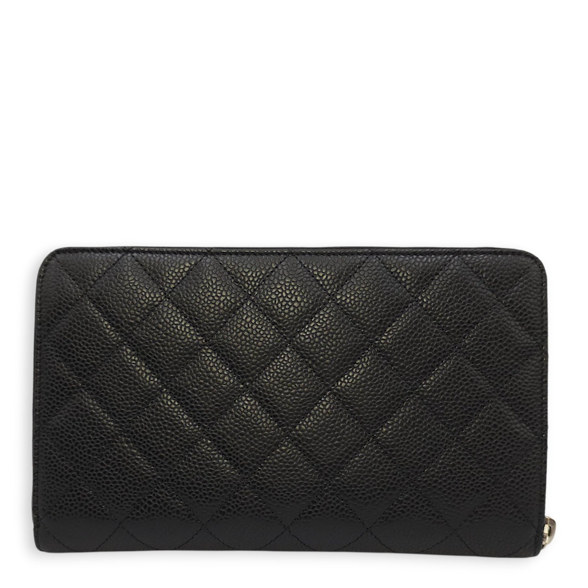 Quilted CC Zippy XL Black Wallet in Caviar Leather, Silver hardware