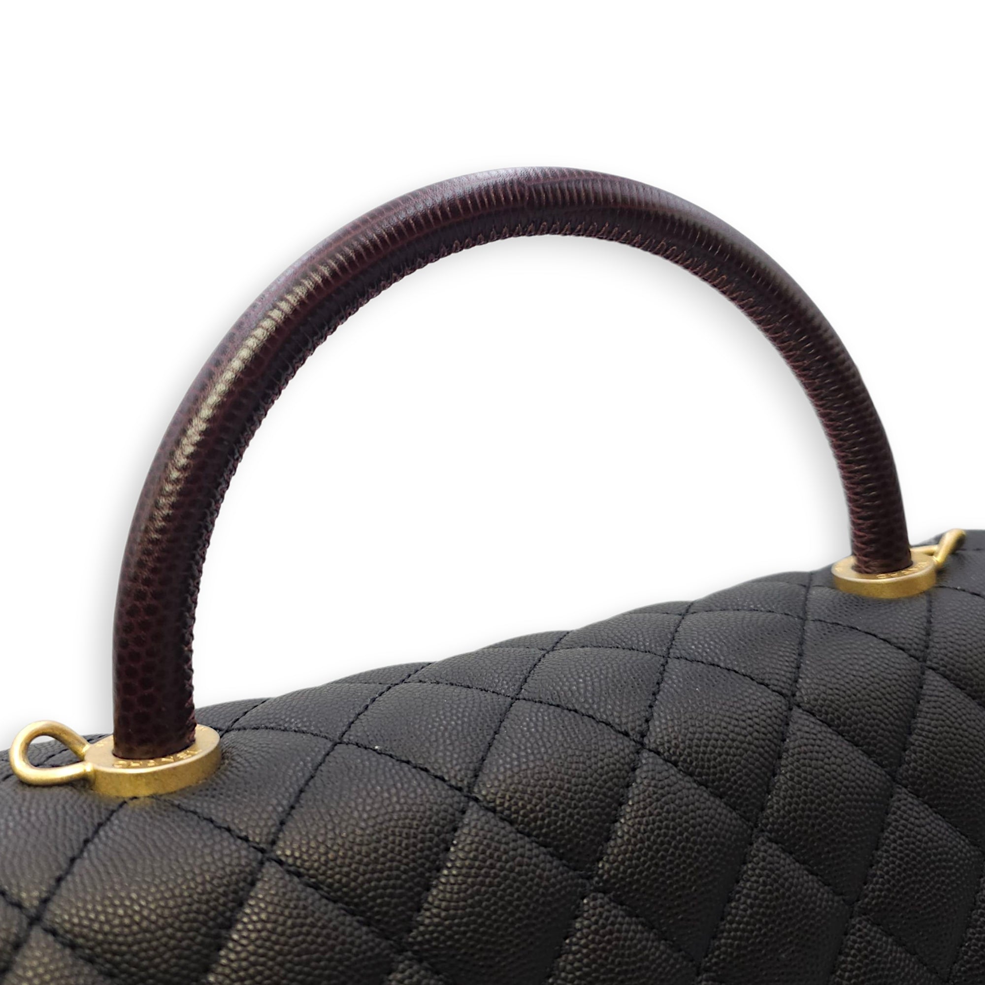 Coco Handle with Lizard Skin Large Black Shoulder Bag in Caviar Leather, Gold hardware