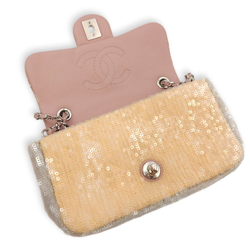 18S Waterfall Flap Mini Pink/Grey/Yellow Crossbody Bag in Sequins, Silver hardware