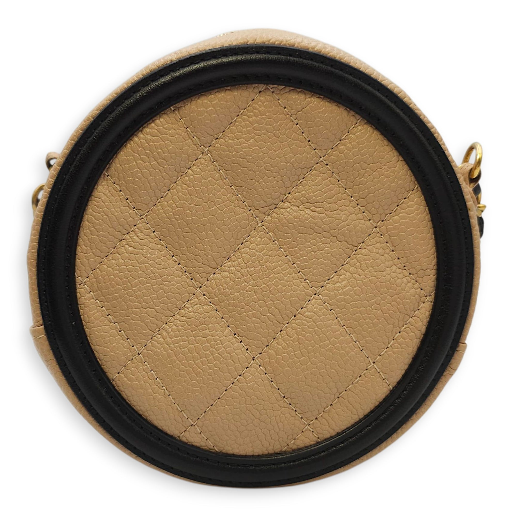 Quilted CC Filigree Round Brown Crossbody in Caviar Leather, Gold hardware