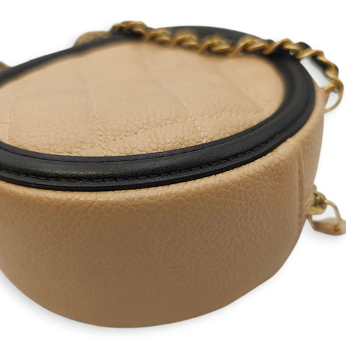 Quilted CC Filigree Round Brown Crossbody in Caviar Leather, Gold hardware