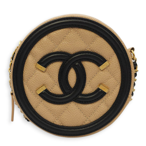 Quilted CC Filigree Round Brown Crossbody in Caviar Leather, Gold hardware