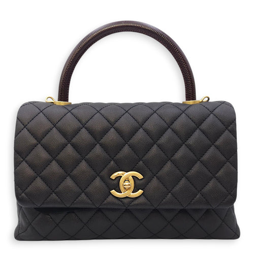 Coco Handle with Lizard Skin Large Black Shoulder Bag in Caviar Leather, Gold hardware