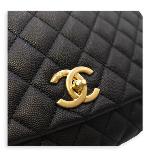 Coco Handle with Lizard Skin Large Black Shoulder Bag in Caviar Leather, Gold hardware