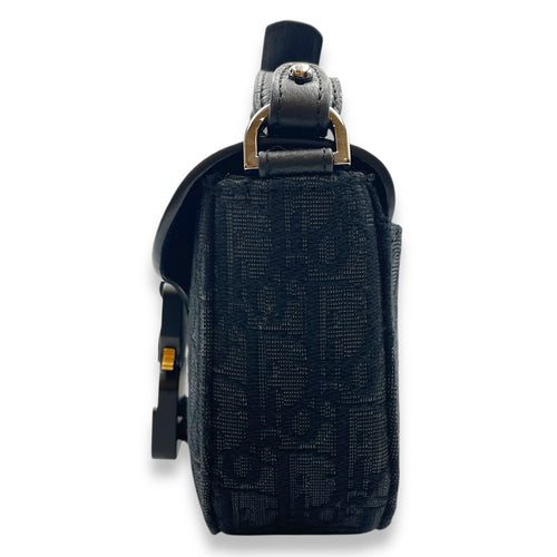 Saddle Messenger Mini Black Crossbody Bag in Canvas, Silver hardware