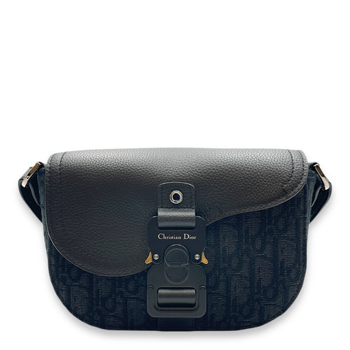 Saddle Messenger Mini Black Crossbody Bag in Canvas, Silver hardware