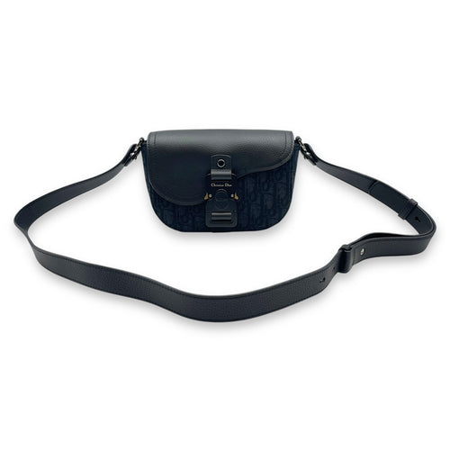 Saddle Messenger Mini Black Crossbody Bag in Canvas, Silver hardware