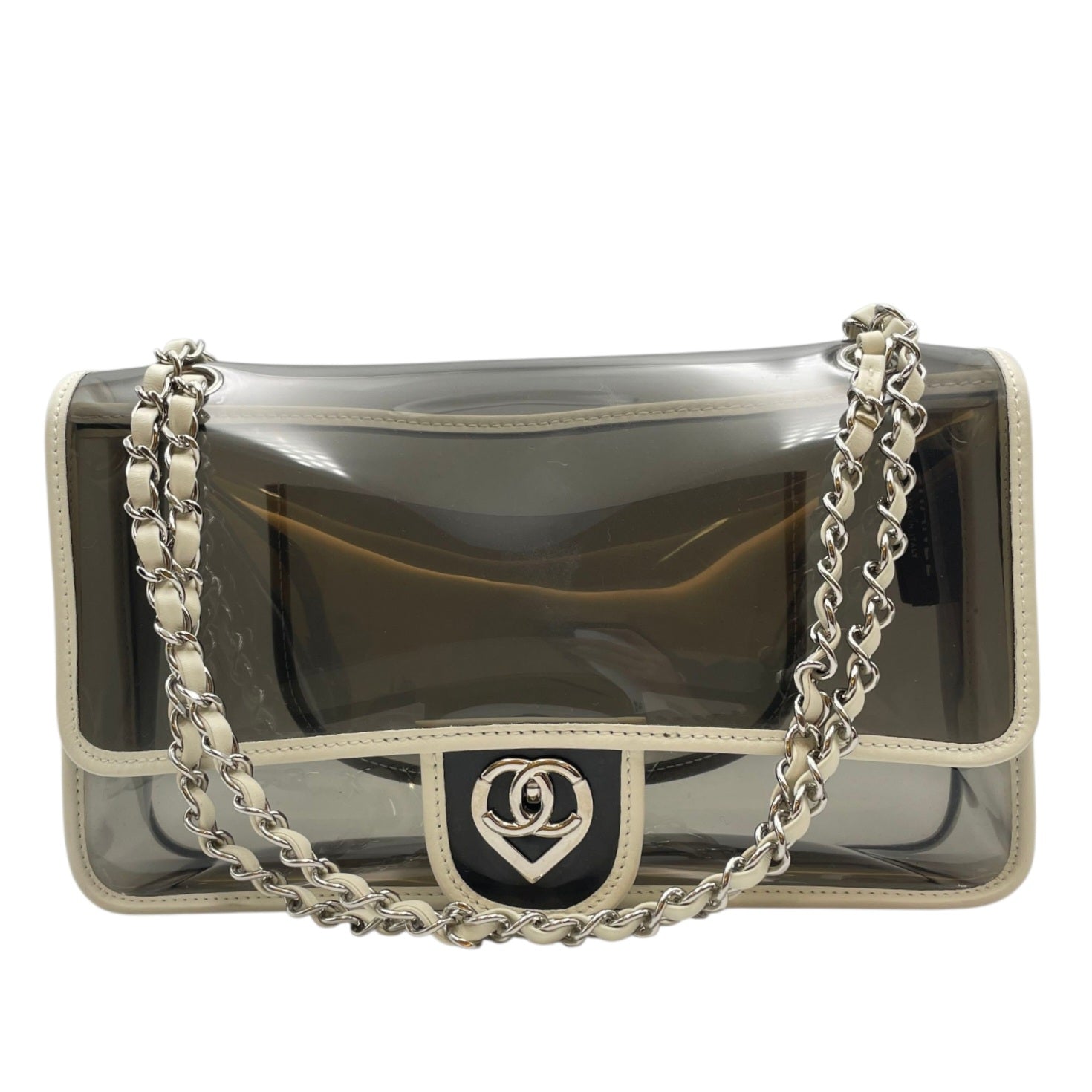 CC Transparent  White Shoulder Bag in Calfskin/PVC  Silver hardware