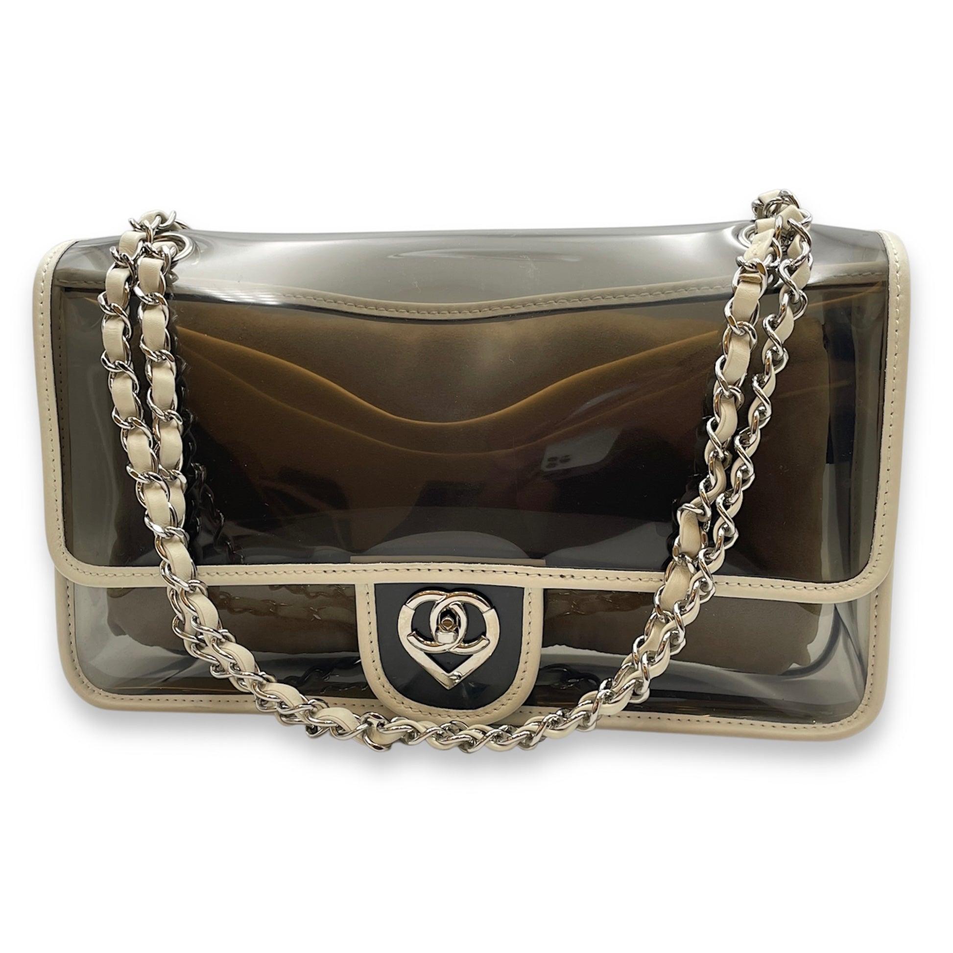 CC Transparent  White Shoulder Bag in Calfskin/PVC  Silver hardware