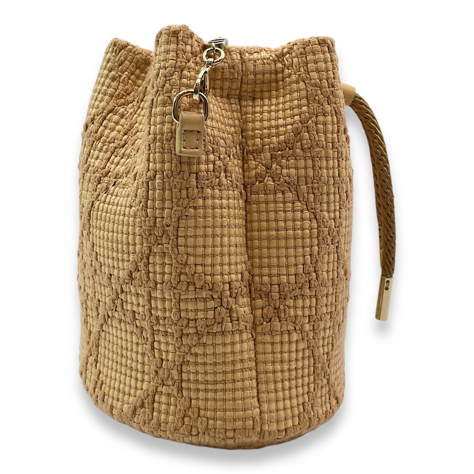 Baby Beige Bucket Bag in Woven, Gold hardware
