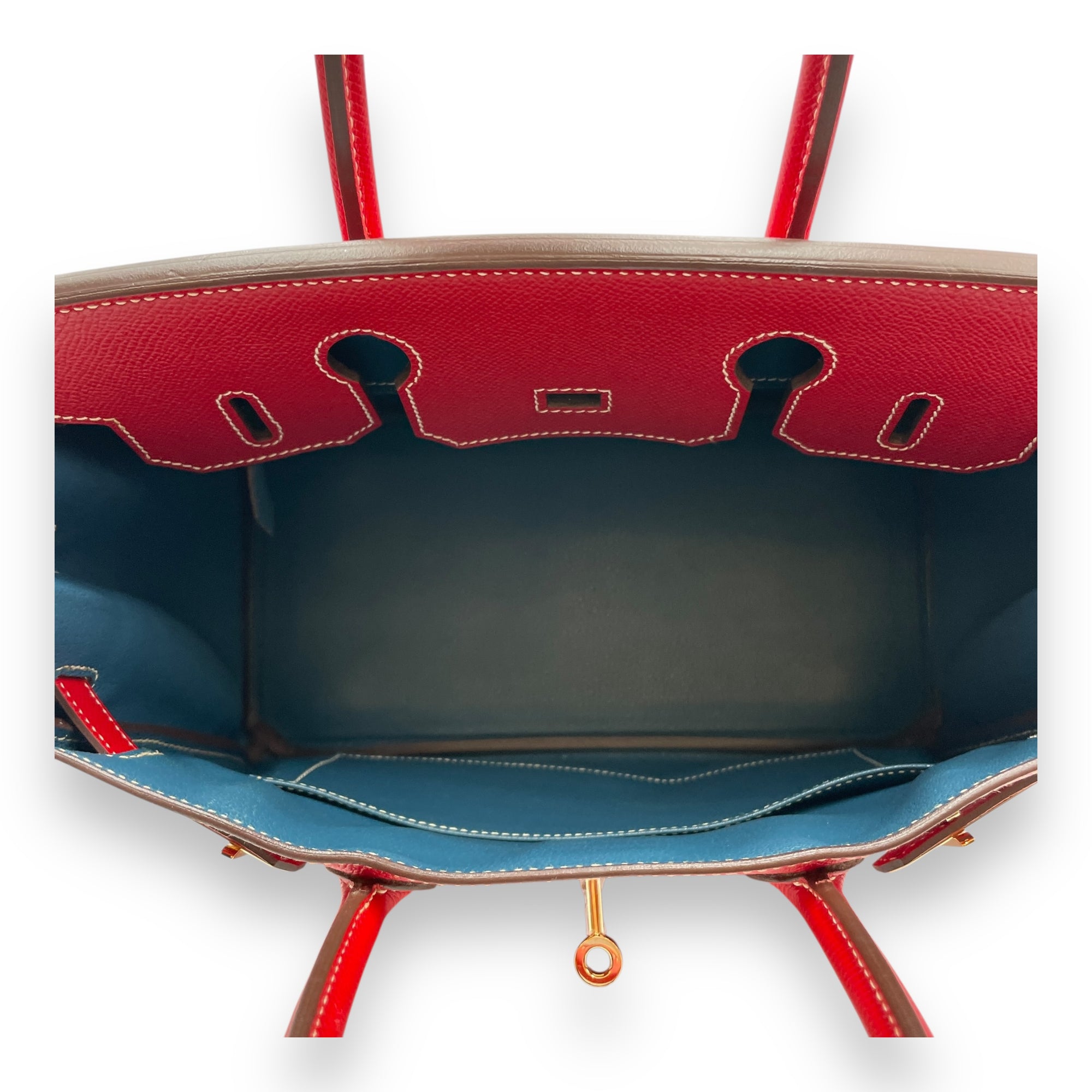 Birkin 30 Rouge Casaque/Blue Thalassa in Epsom, Permabrass hardware
