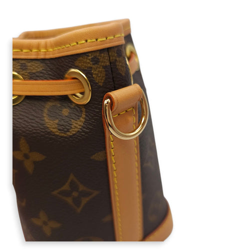 Noe Nano Brown Monogram Bucket Bag in Canvas, Gold hardware