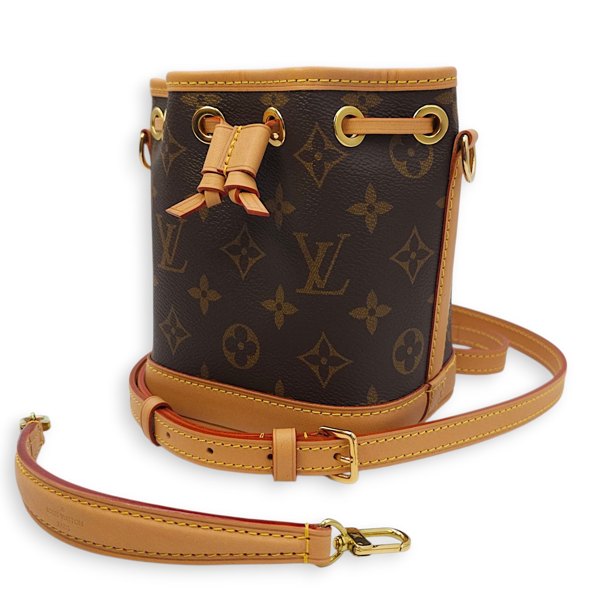 Noe Nano Brown Monogram Bucket Bag in Canvas, Gold hardware