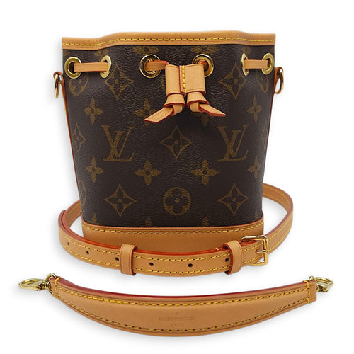 Noe Nano Brown Monogram Bucket Bag in Canvas, Gold hardware