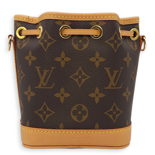 Noe Nano Brown Monogram Bucket Bag in Canvas, Gold hardware