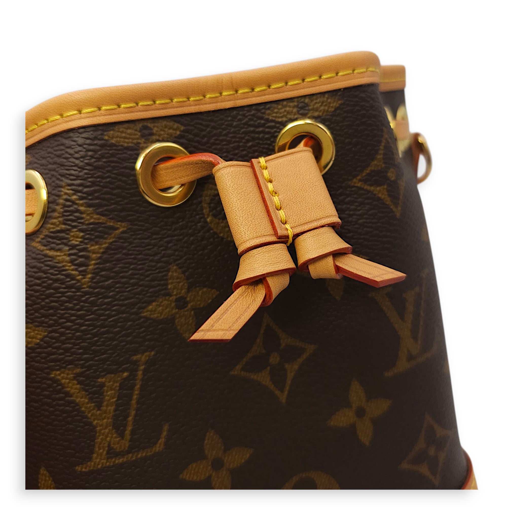 Noe Nano Brown Monogram Bucket Bag in Canvas, Gold hardware