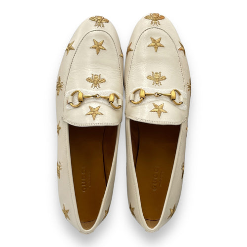GG Jordan Embroidered Bees and Stars  37 White Loafers in Calfskin Gold hardware CL2511-17366 1