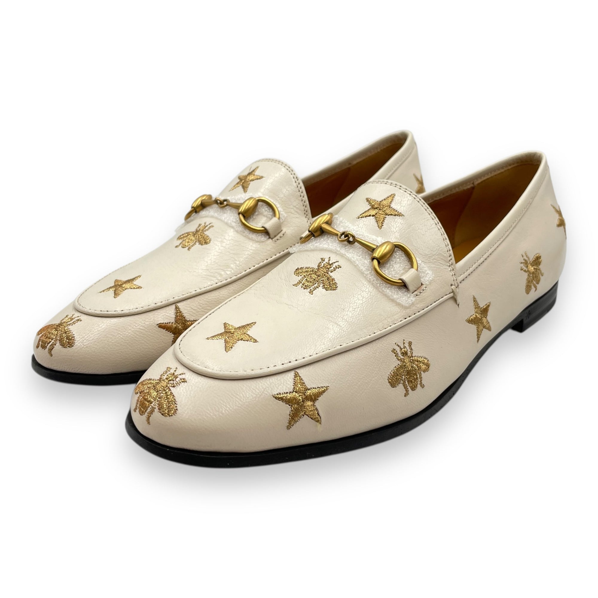 GG Jordan Embroidered Bees and Stars  37 White Loafers in Calfskin Gold hardware CL2511-17366 2