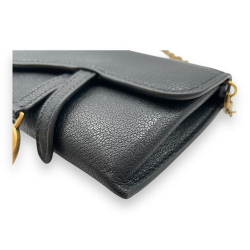 Saddle Mini Black Wallet on Chain in Goat Leather, Brushed Gold hardware