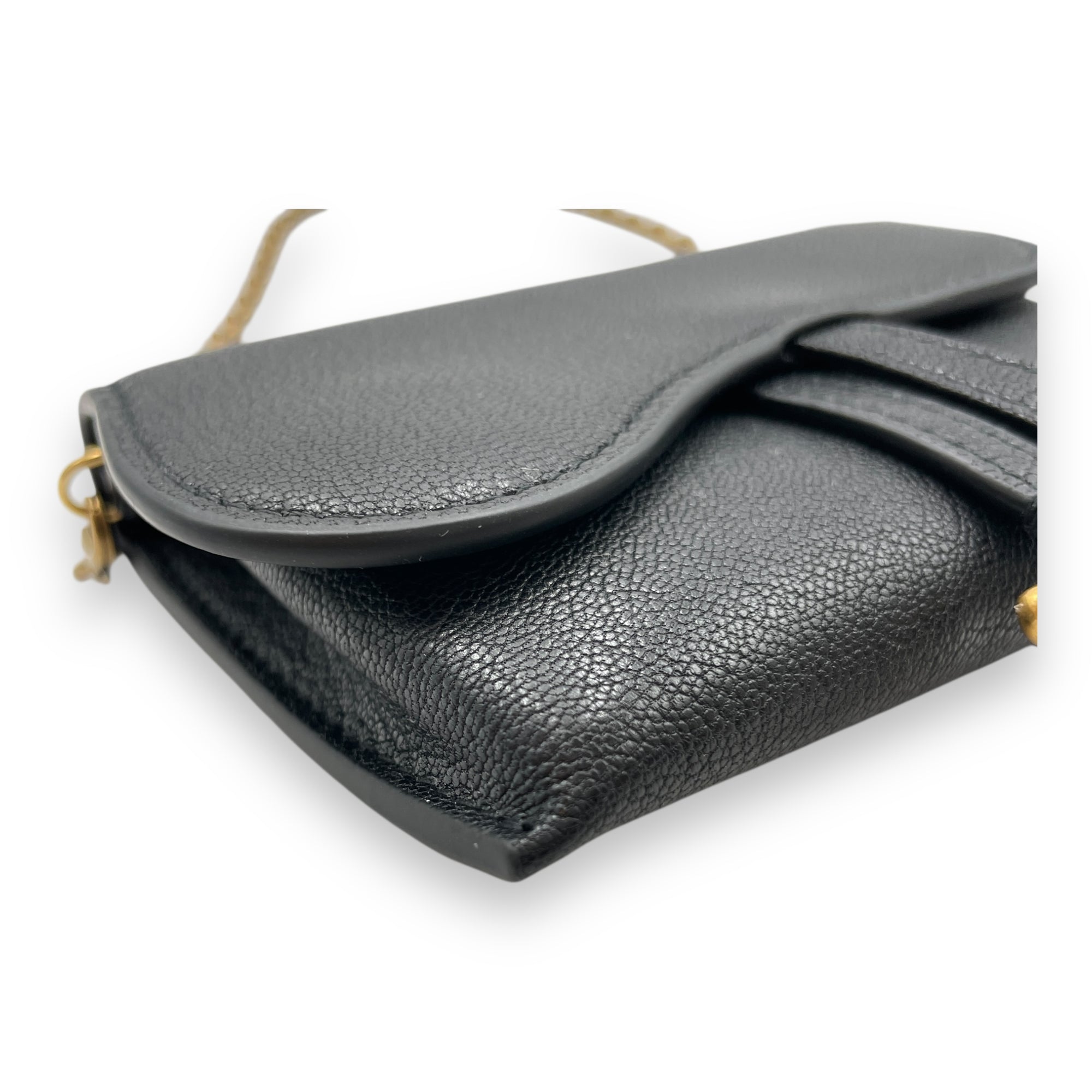 Saddle Mini Black Wallet on Chain in Goat Leather, Brushed Gold hardware