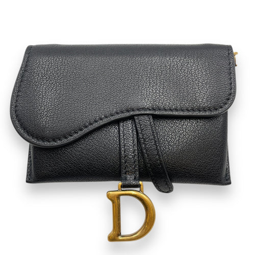 Saddle Mini Black Wallet on Chain in Goat Leather, Brushed Gold hardware