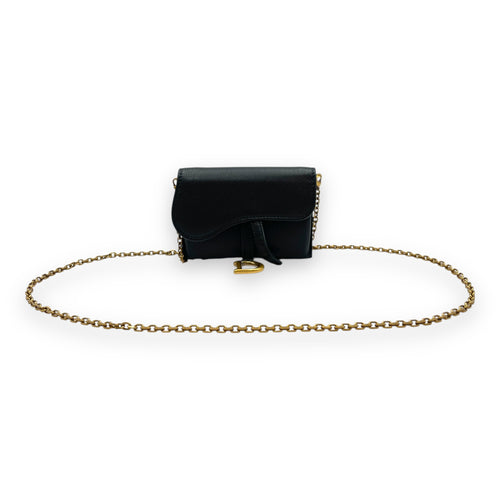 Saddle Mini Black Wallet on Chain in Goat Leather, Brushed Gold hardware