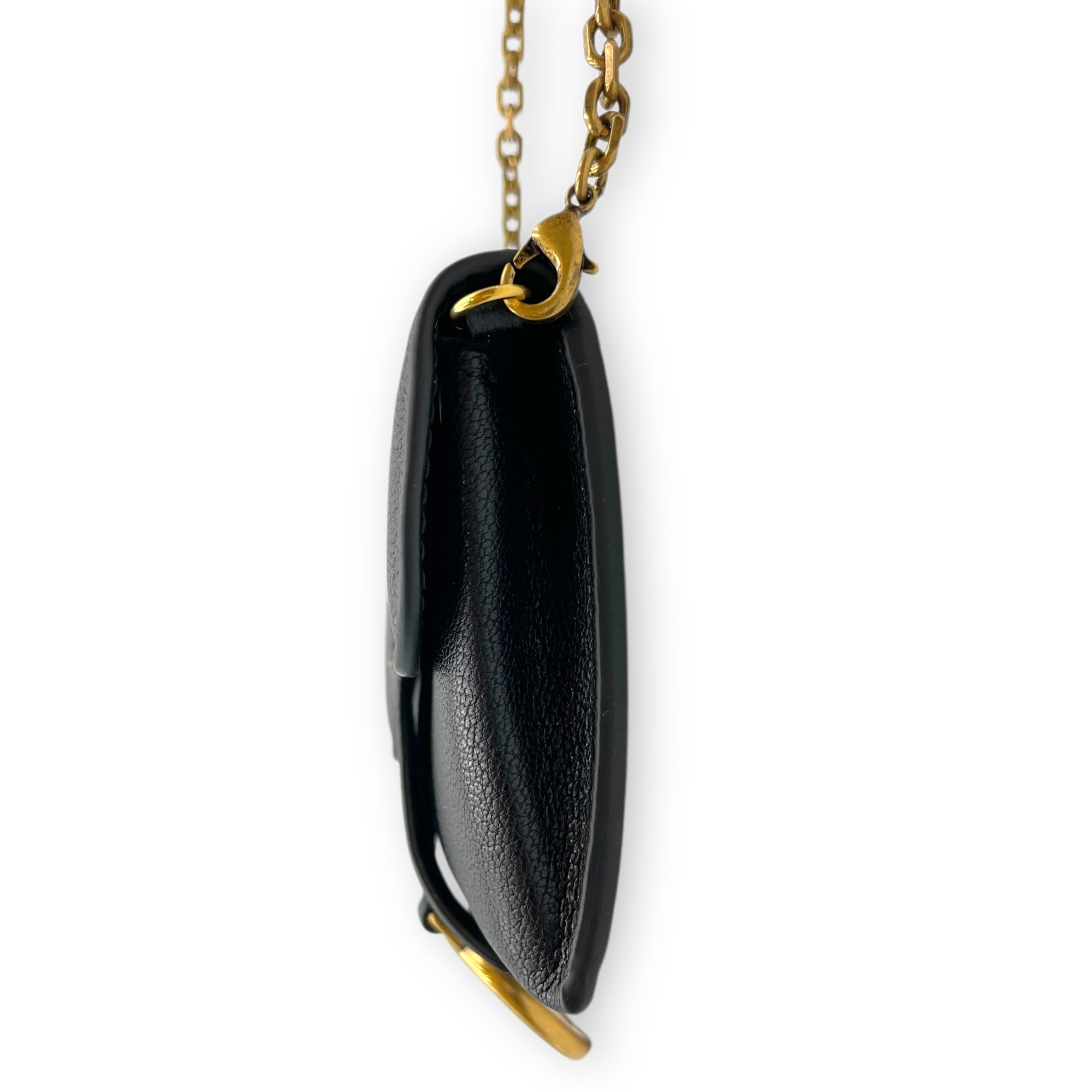 Saddle Mini Black Wallet on Chain in Goat Leather, Brushed Gold hardware