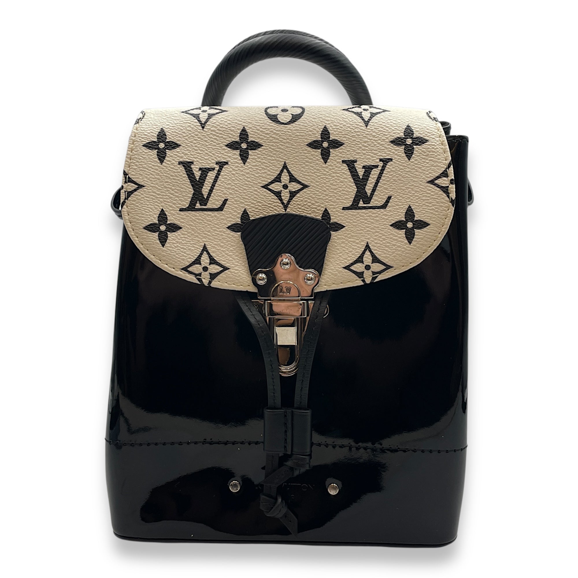 Hot Springs Black Backpack in Canvas/Patent, Silver hardware