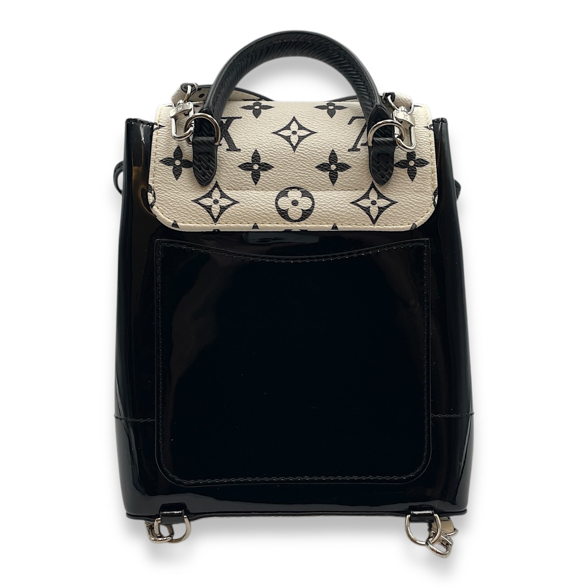 Hot Springs Black Backpack in Canvas/Patent, Silver hardware