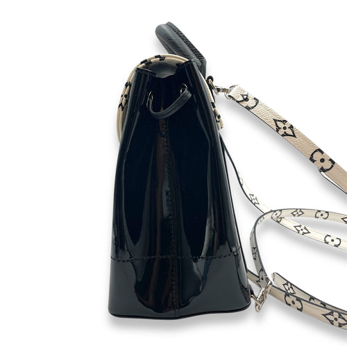 Hot Springs Black Backpack in Canvas/Patent, Silver hardware