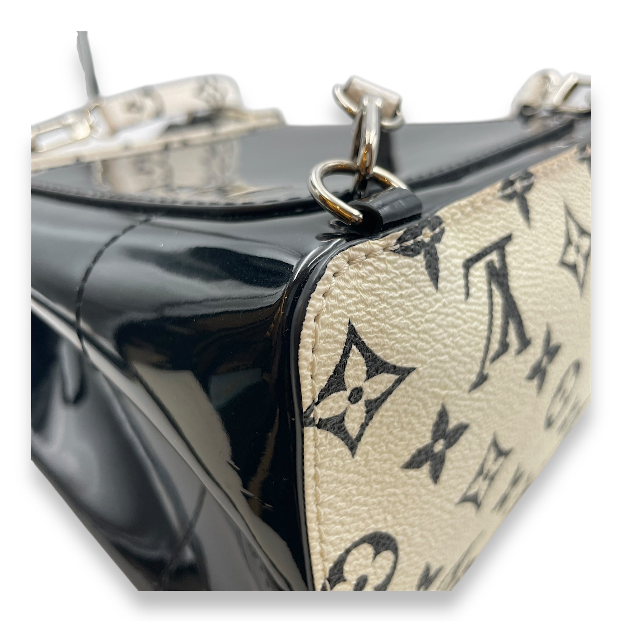 Hot Springs Black Backpack in Canvas/Patent, Silver hardware