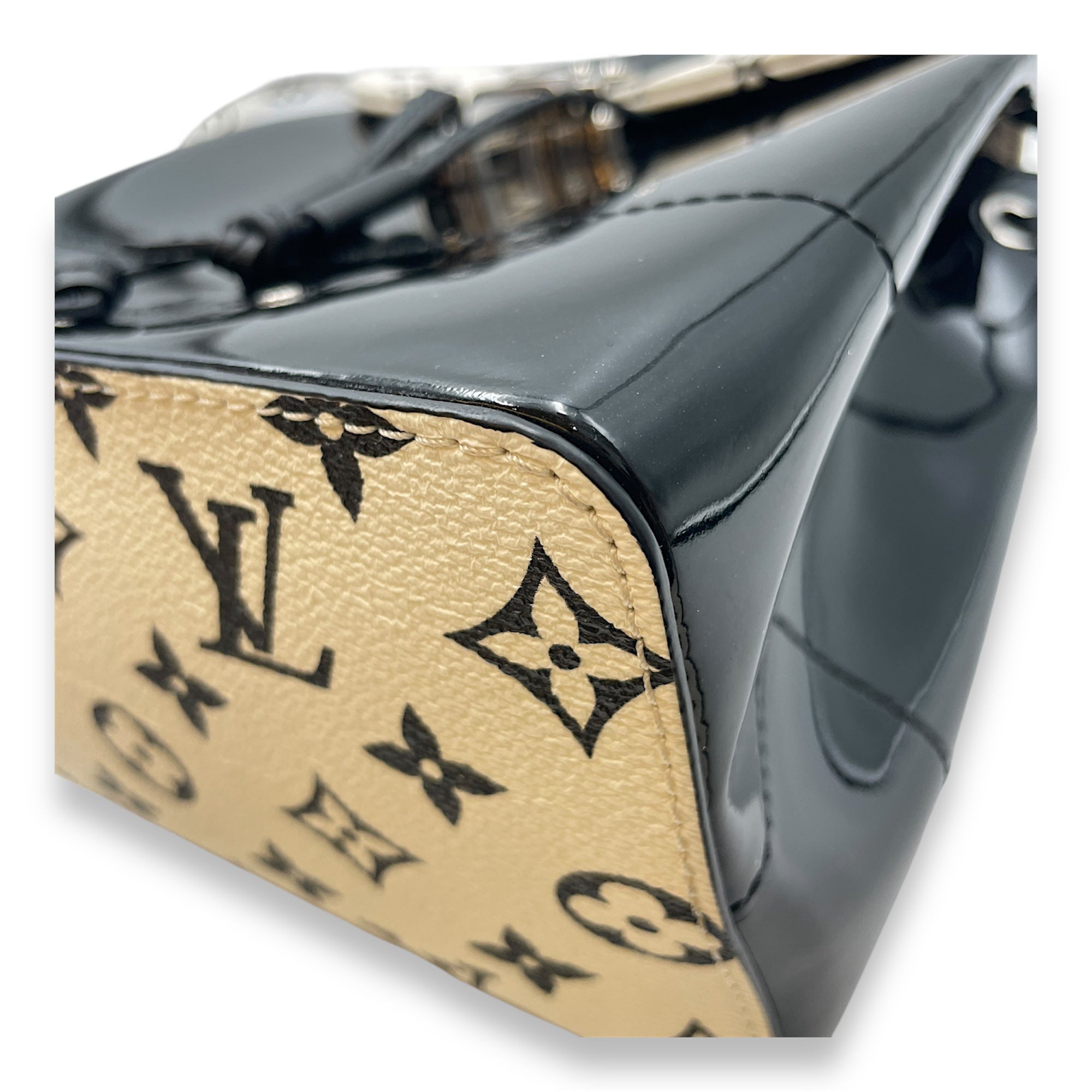 Hot Springs Black Backpack in Canvas/Patent, Silver hardware