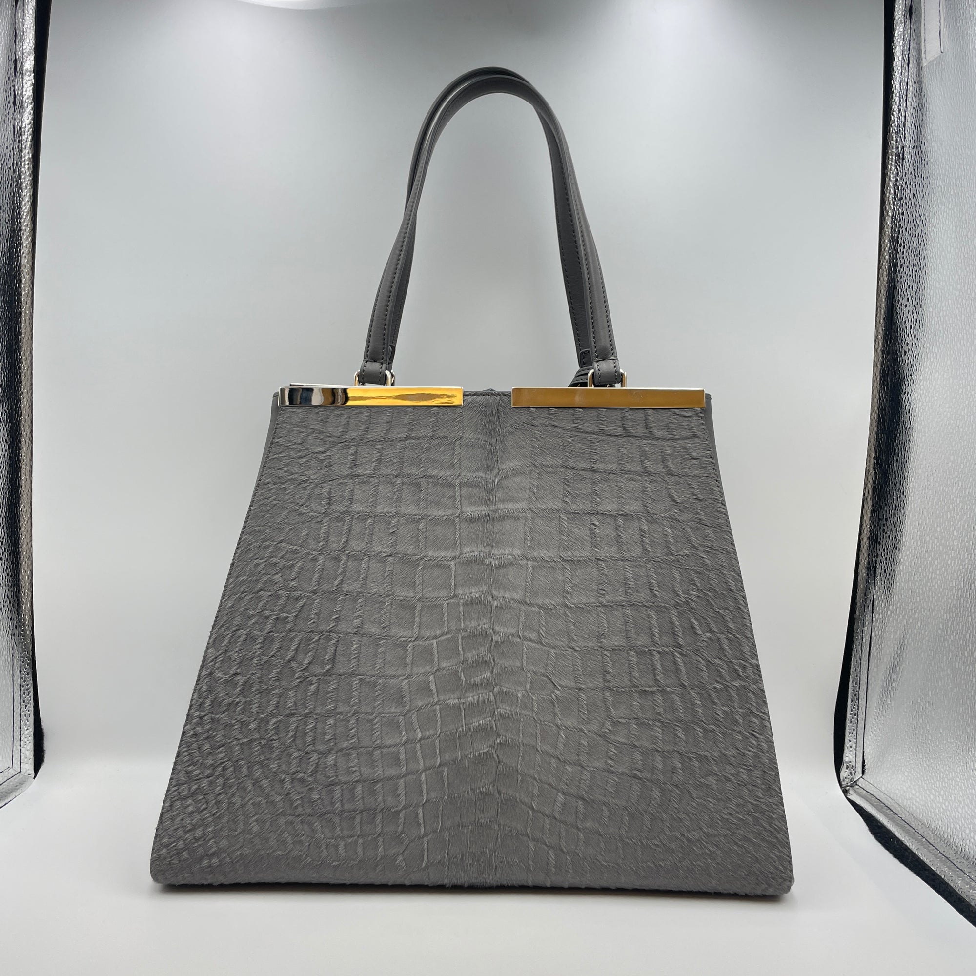 3 Jours Grey Top Handle Bag in Pony/Calfskin, Silver hardware