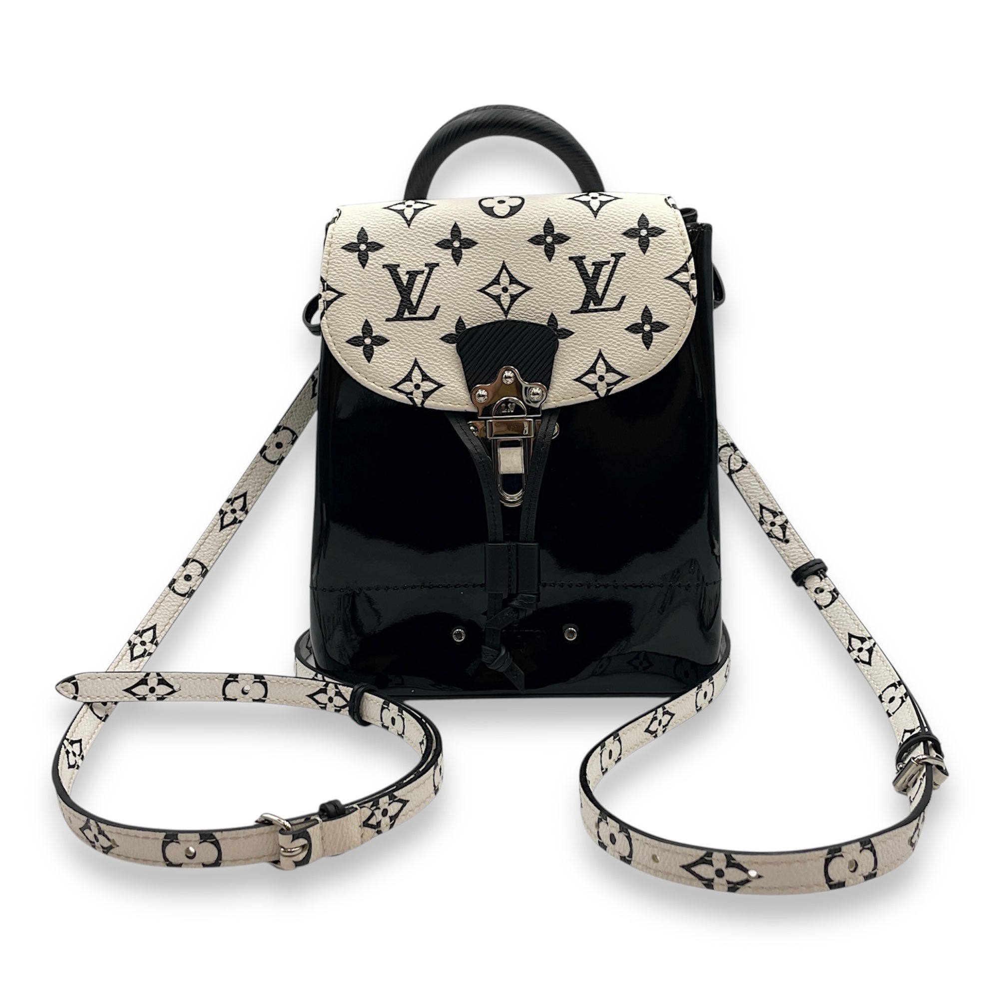 Hot Springs Black Backpack in Canvas/Patent, Silver hardware