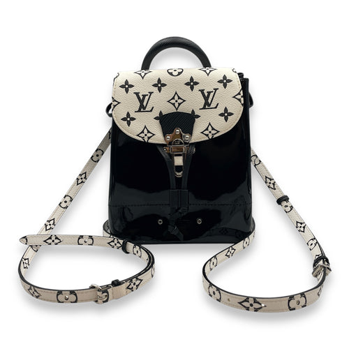 Hot Springs Black Backpack in Canvas/Patent, Silver hardware