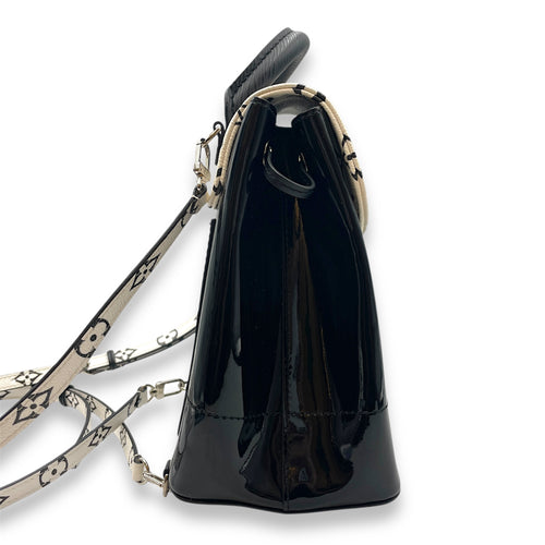 Hot Springs Black Backpack in Canvas/Patent, Silver hardware