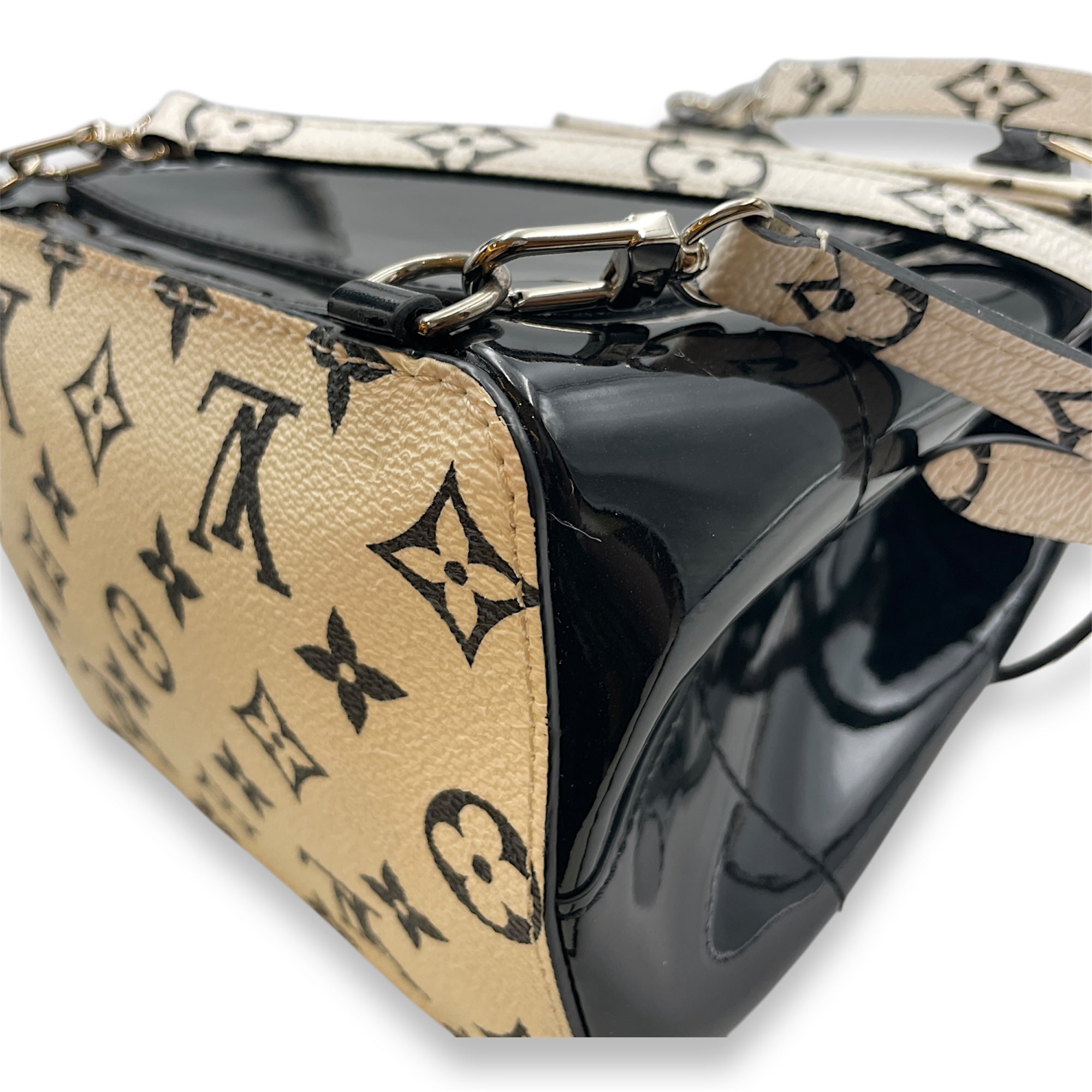 Hot Springs Black Backpack in Canvas/Patent, Silver hardware