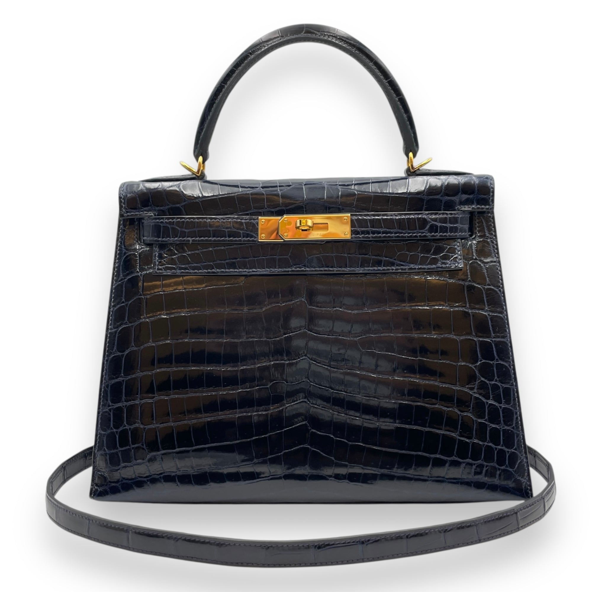 Kelly 28 Blue Marine in Shiny Niloticus, Gold hardware