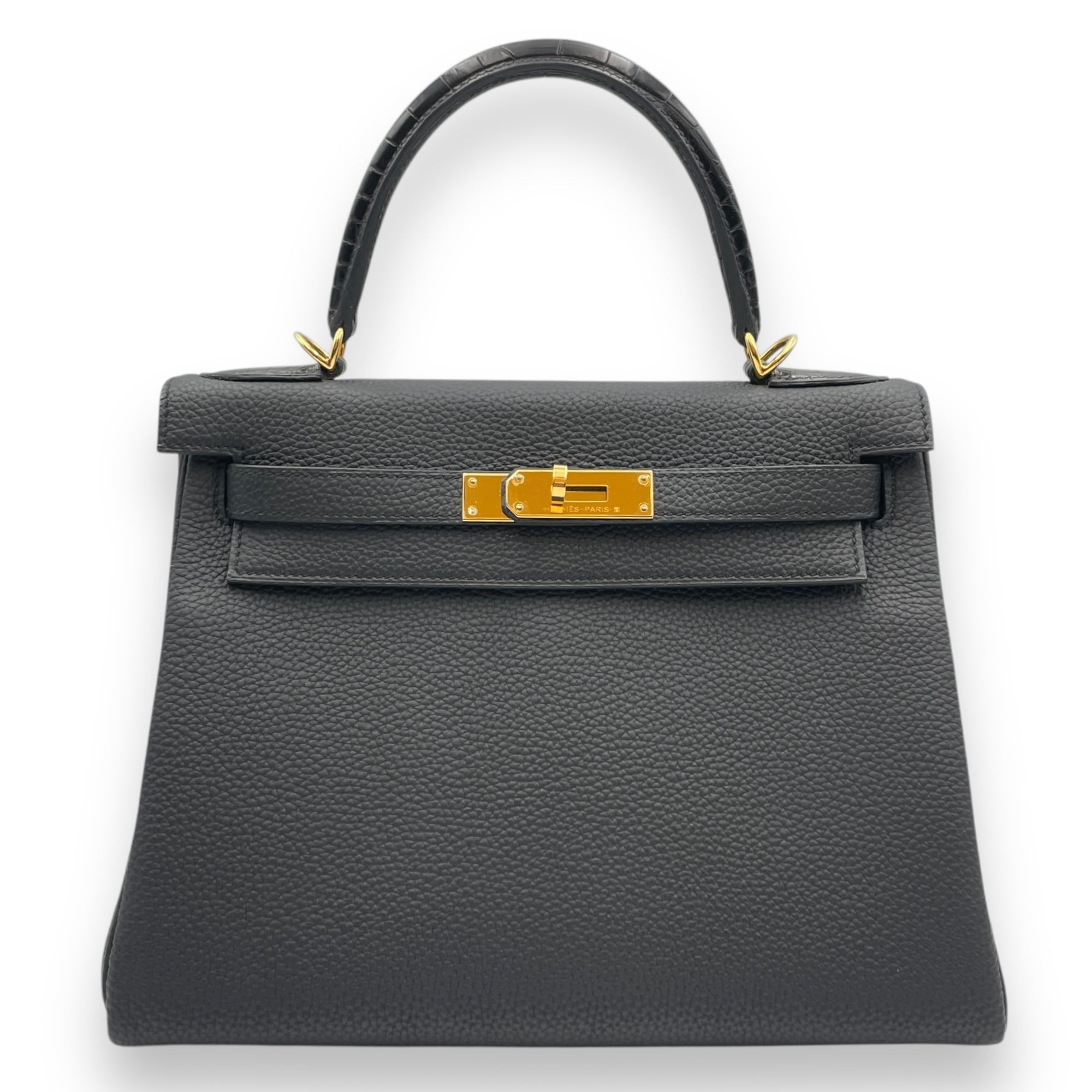 Kelly Touch 28 Black in Togo/Shiny Alligator, Gold hardware