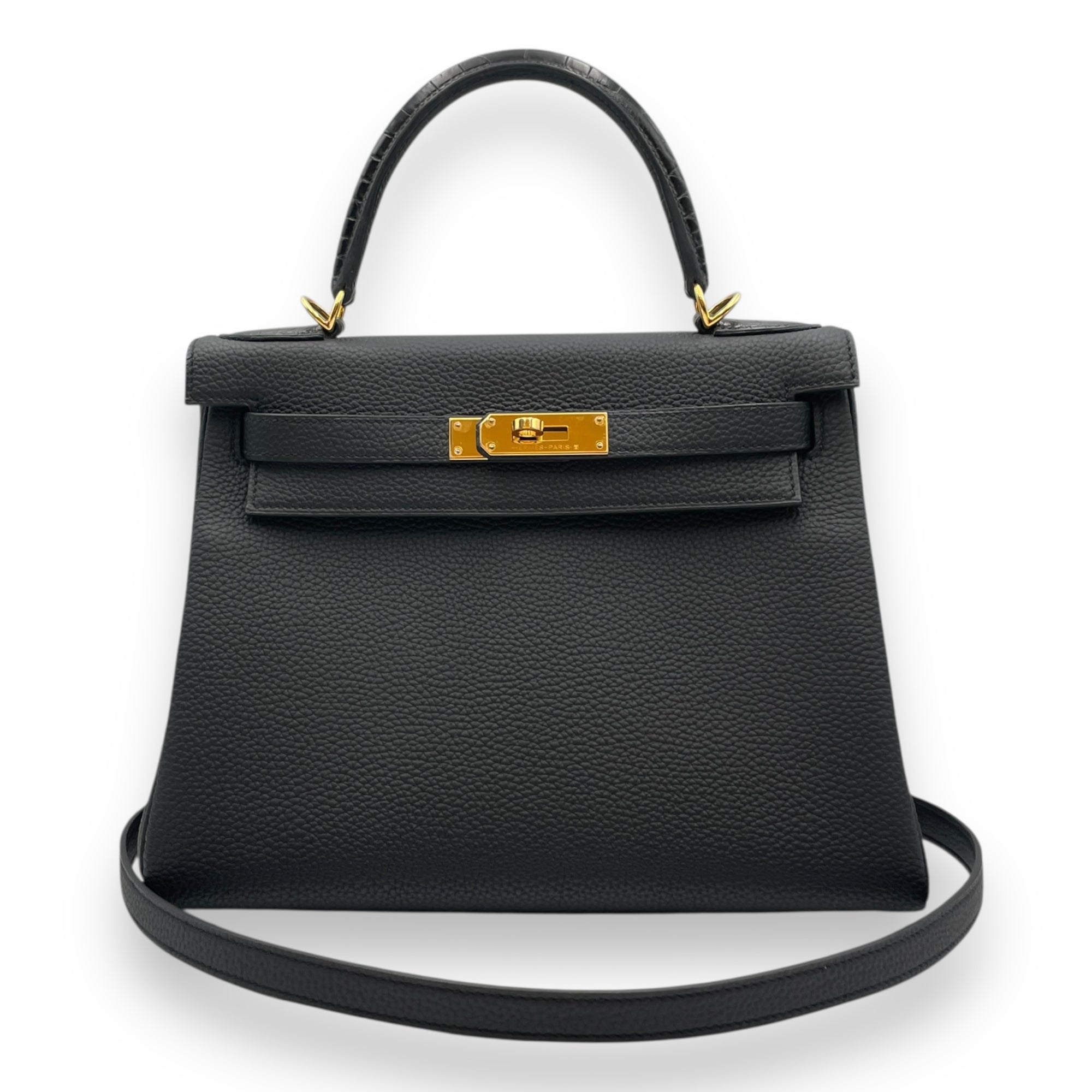 Kelly Touch 28 Black in Togo/Shiny Alligator, Gold hardware