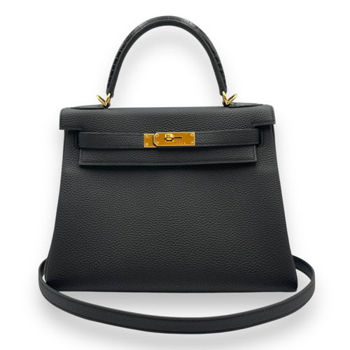 Kelly Touch 28 Black in Togo/Shiny Alligator, Gold hardware