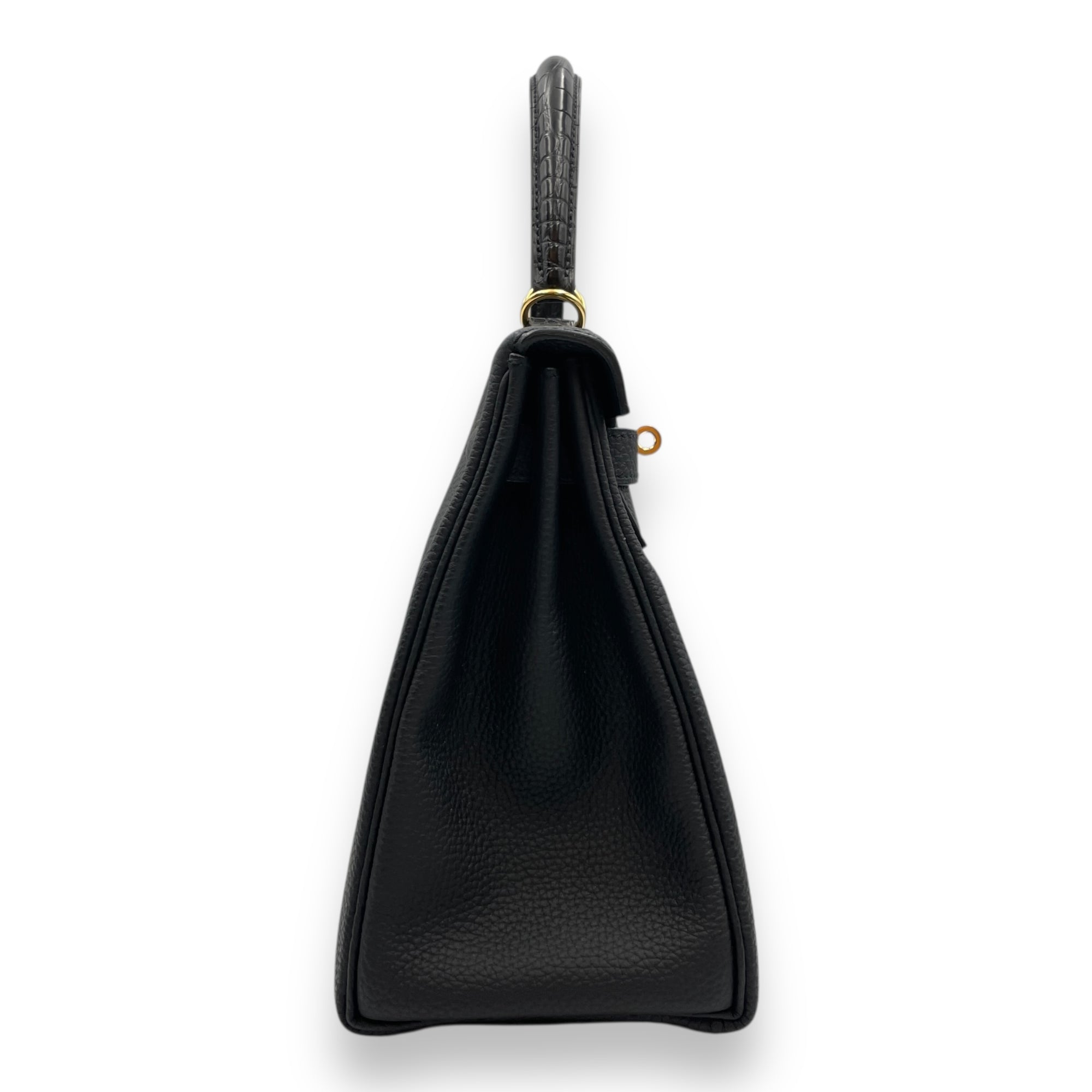 Kelly Touch 28 Black in Togo/Shiny Alligator, Gold hardware