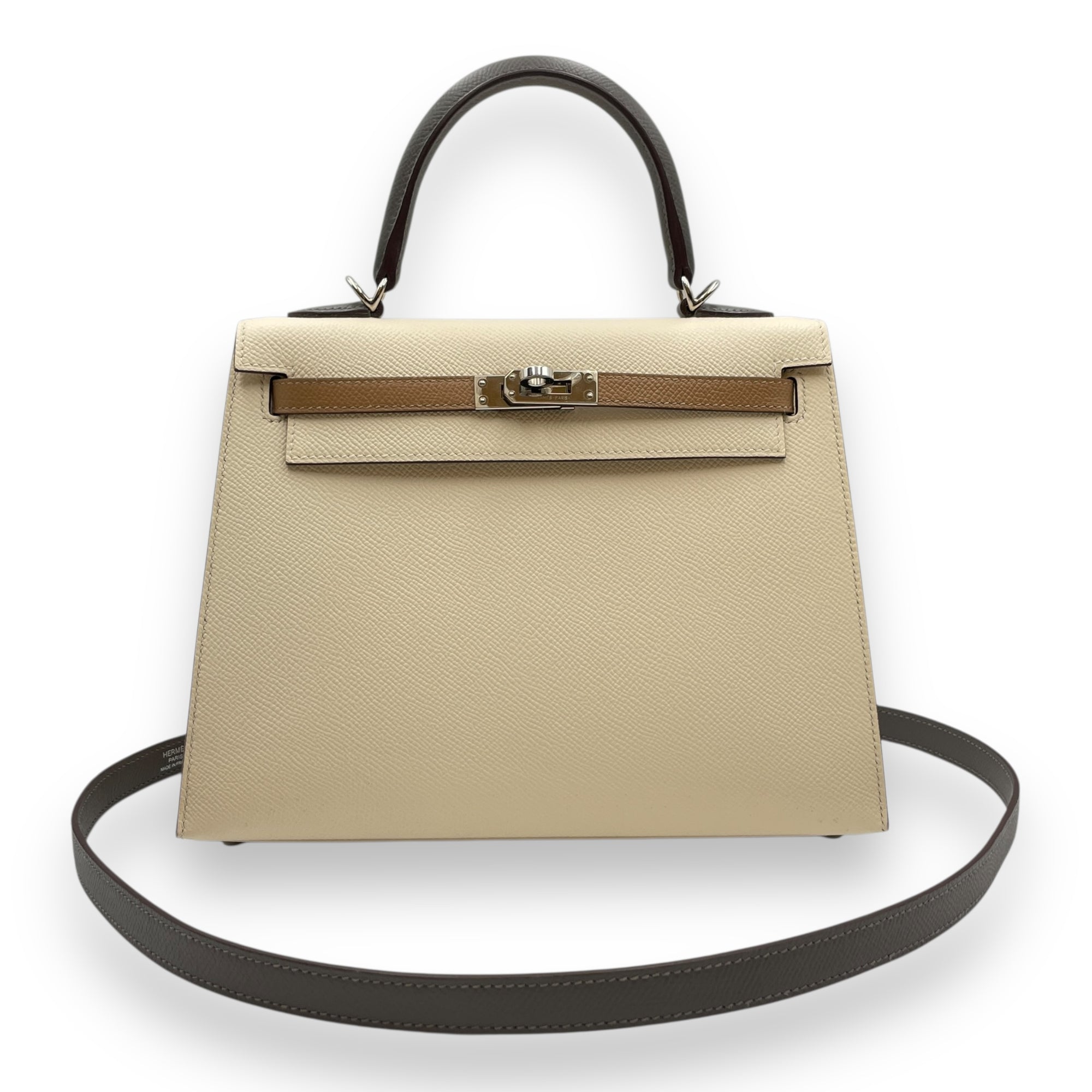 Sellier Kelly 25 Nata/Chai/Gris Meyer in Epsom, Palladium hardware