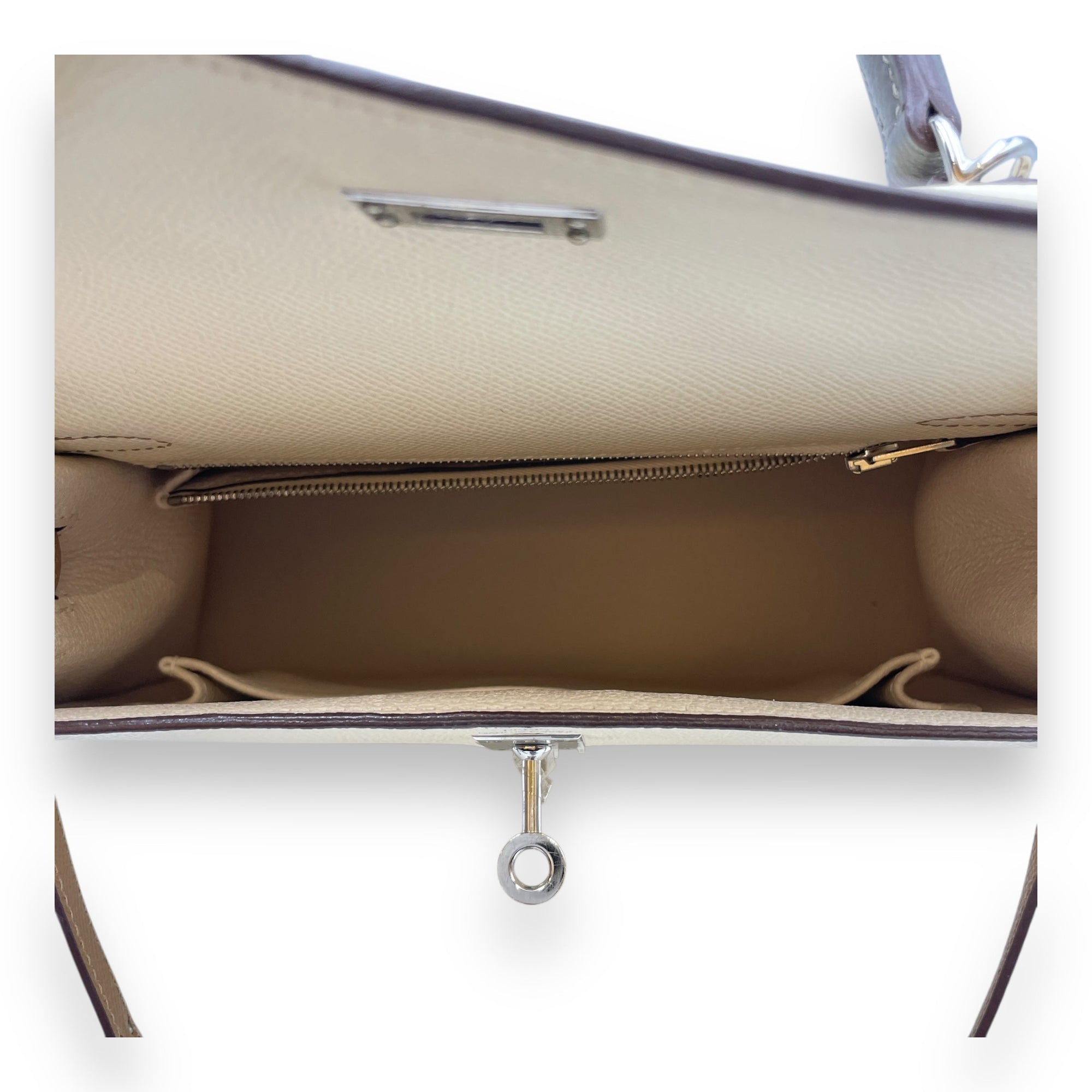 Tricolor Sellier Kelly 25 Nata/Chai/Gris in Epsom Palladium hardware CL2510-16580 6