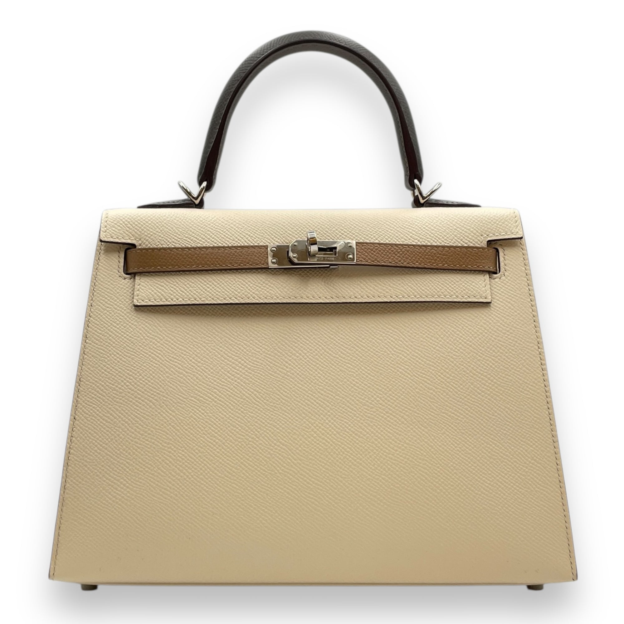 Sellier Kelly 25 Nata/Chai/Gris Meyer in Epsom, Palladium hardware
