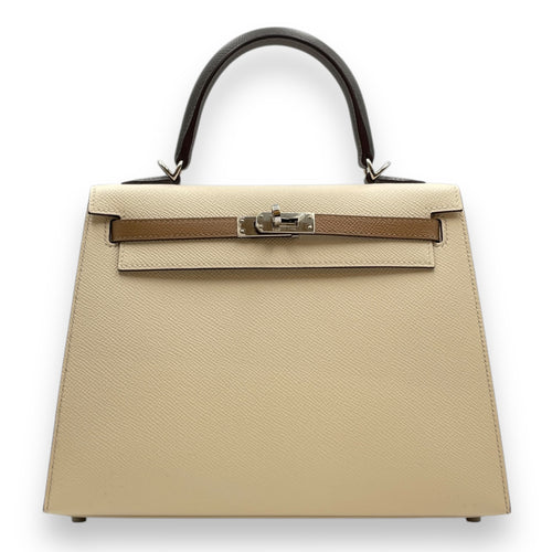 Sellier Kelly 25 Nata/Chai/Gris Meyer in Epsom, Palladium hardware