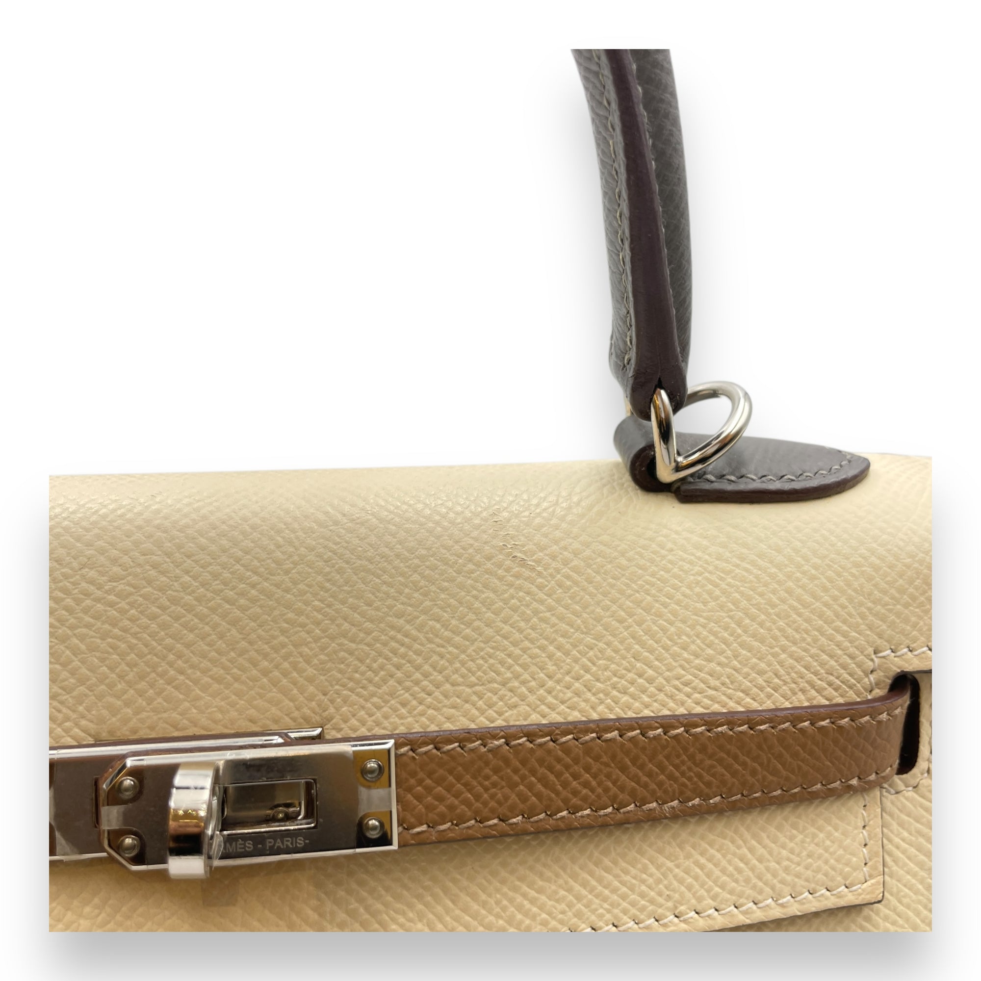 Tricolor Sellier Kelly 25 Nata/Chai/Gris in Epsom, Palladium hardware