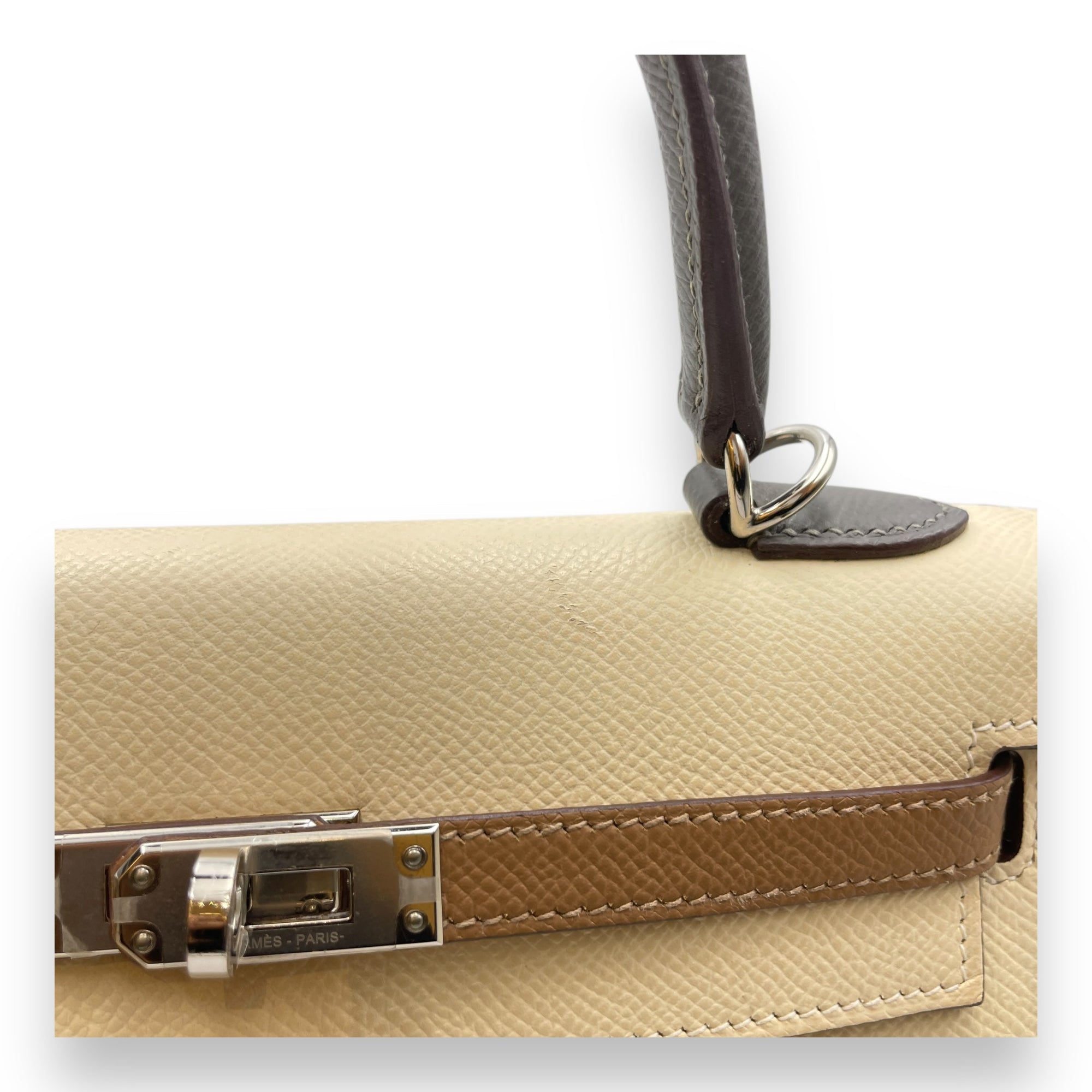 Tricolor Sellier Kelly 25 Nata/Chai/Gris in Epsom Palladium hardware CL2510-16580 8